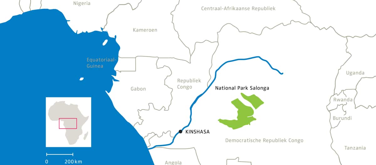 Kaart van het nationaal park Salonga in DRC