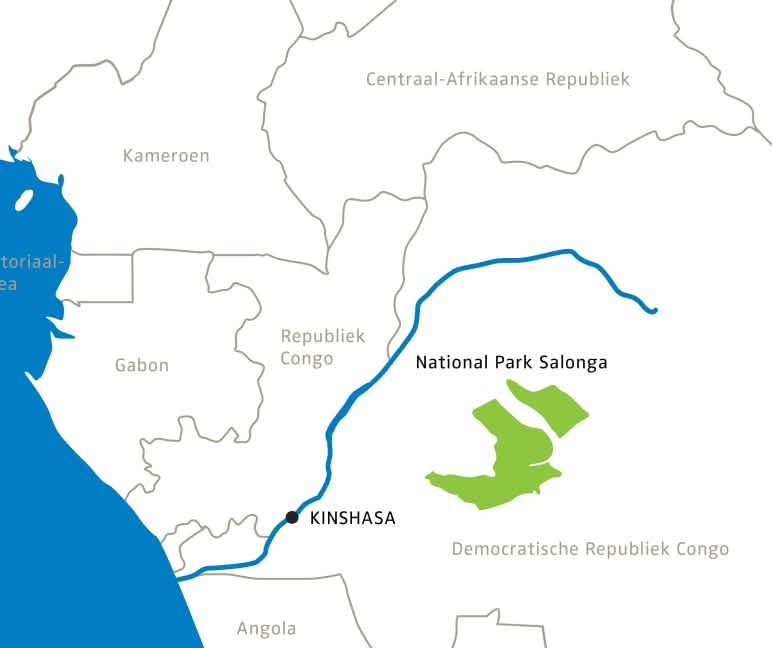 Het nationaal park Salonga ligt in het hart van de DRC Kaart van het nationaal park Salonga in DRC