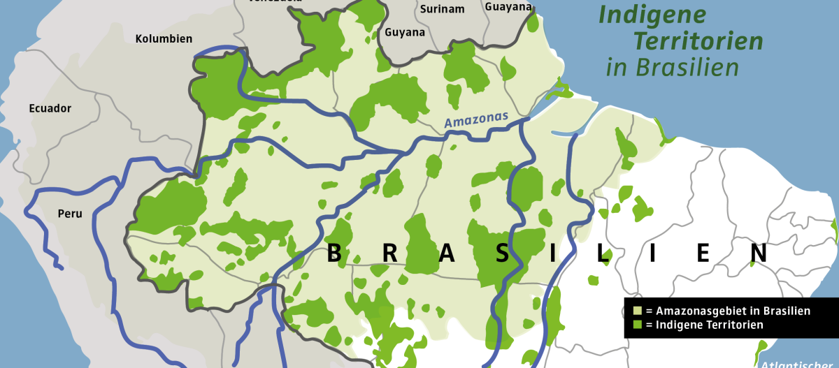 Het Braziliaanse Amazonegebied met gemarkeerd de inheemse territoria