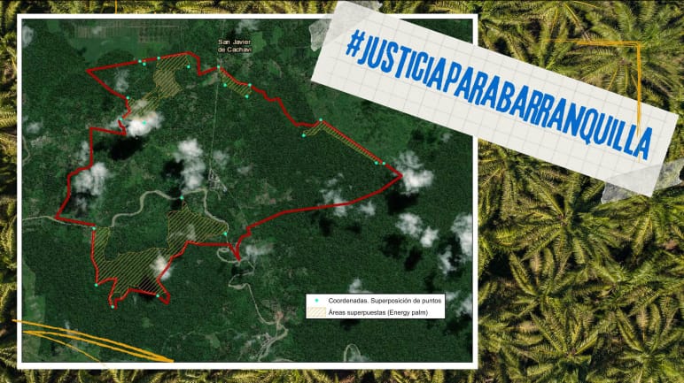 Op een satellietfoto is de overlapping van de gebieden gemarkeerd. Daarboven staat in het Spaans "Gerechtigheid voor Barranquilla"
