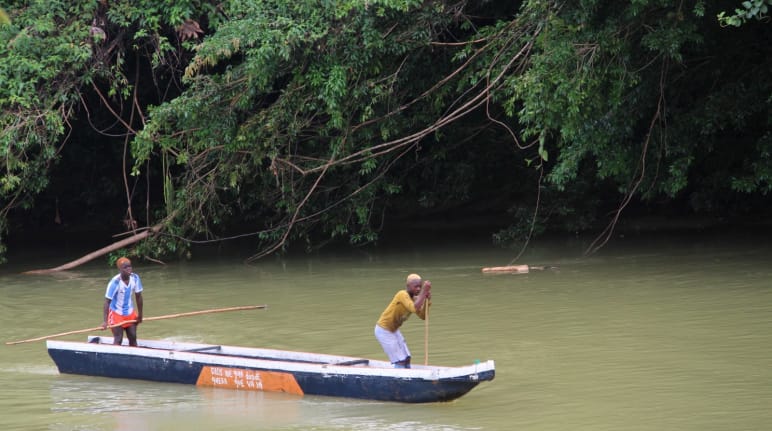 Twee mensen zijn aan het kanoën op een rivier